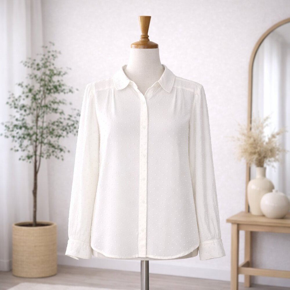 Banana Republic Swiss Dot Button Up Blouse Small Long Sleeve White